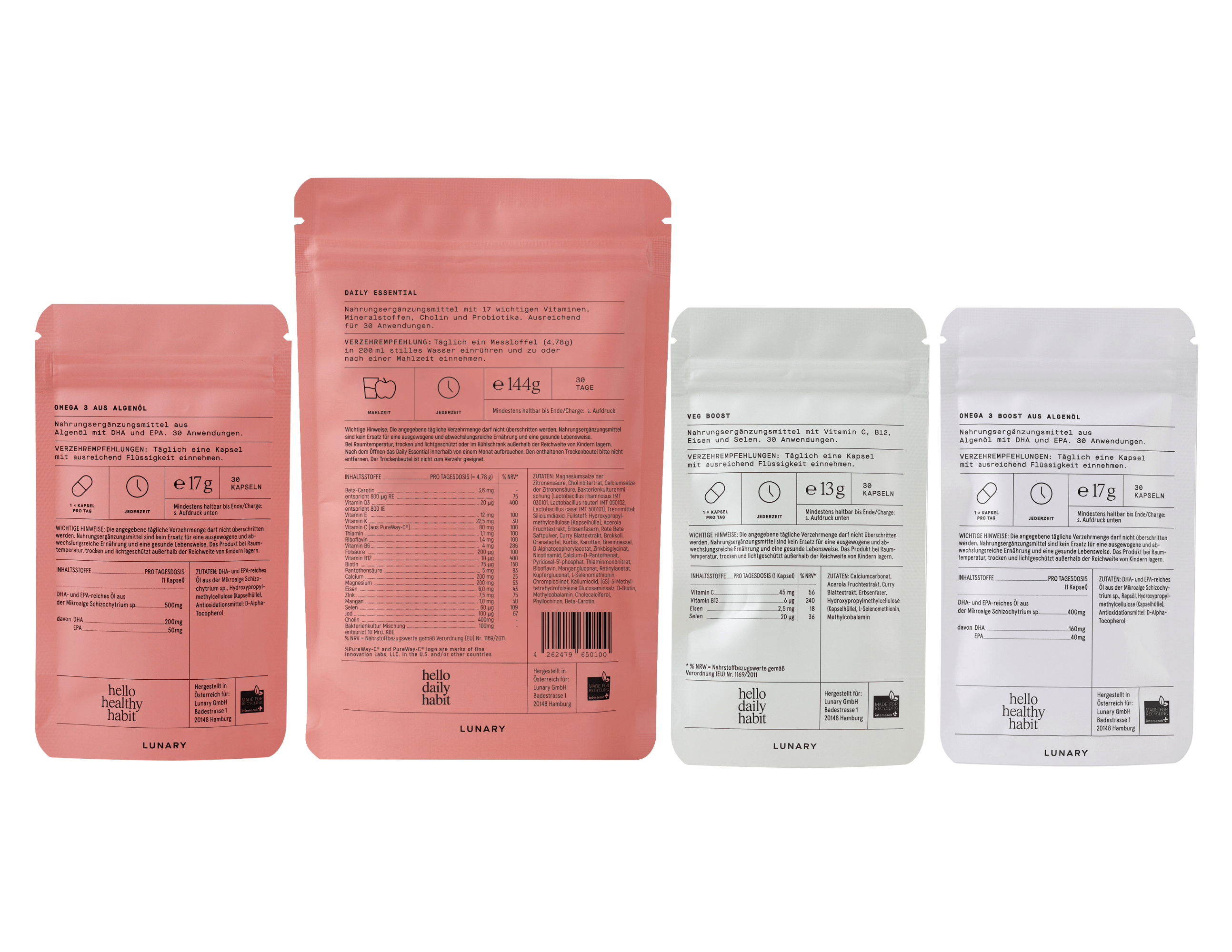 Set „Daily Essential plus Veg Boost“ Verpackung für vegane Nahrungsergänzungsmittel, ideal für eine pflanzliche Ernährung, Nahrungsergänzung für Veganerinnen