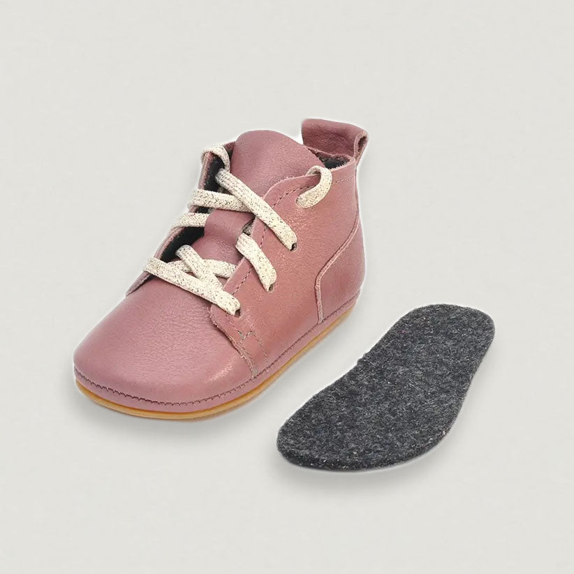 Lieblinge ökologische Lauflernschuhe schadstofffrei Dessertboots für Laufstarter Ansicht mit Naturkautschuksohle #farbe_altrosa