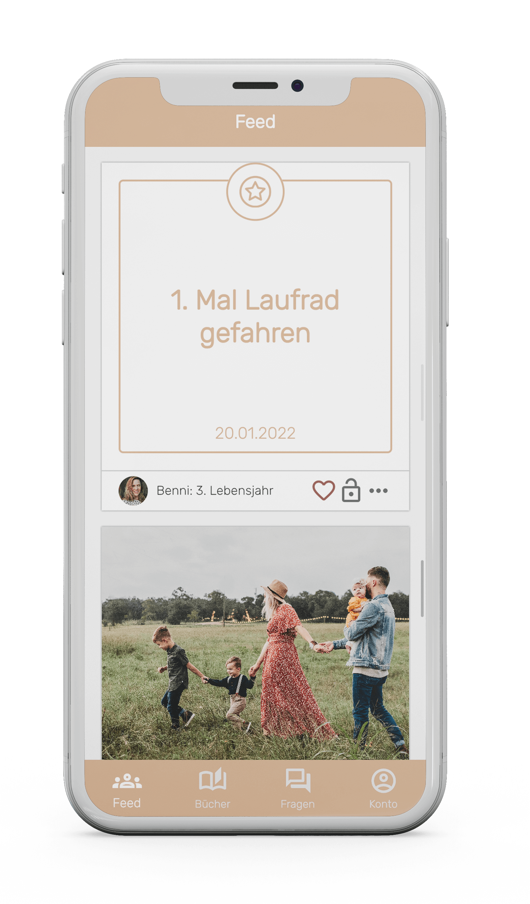 Memoa App Screen abgebildet, Erinnerung erstes mal Laufrad fahren.