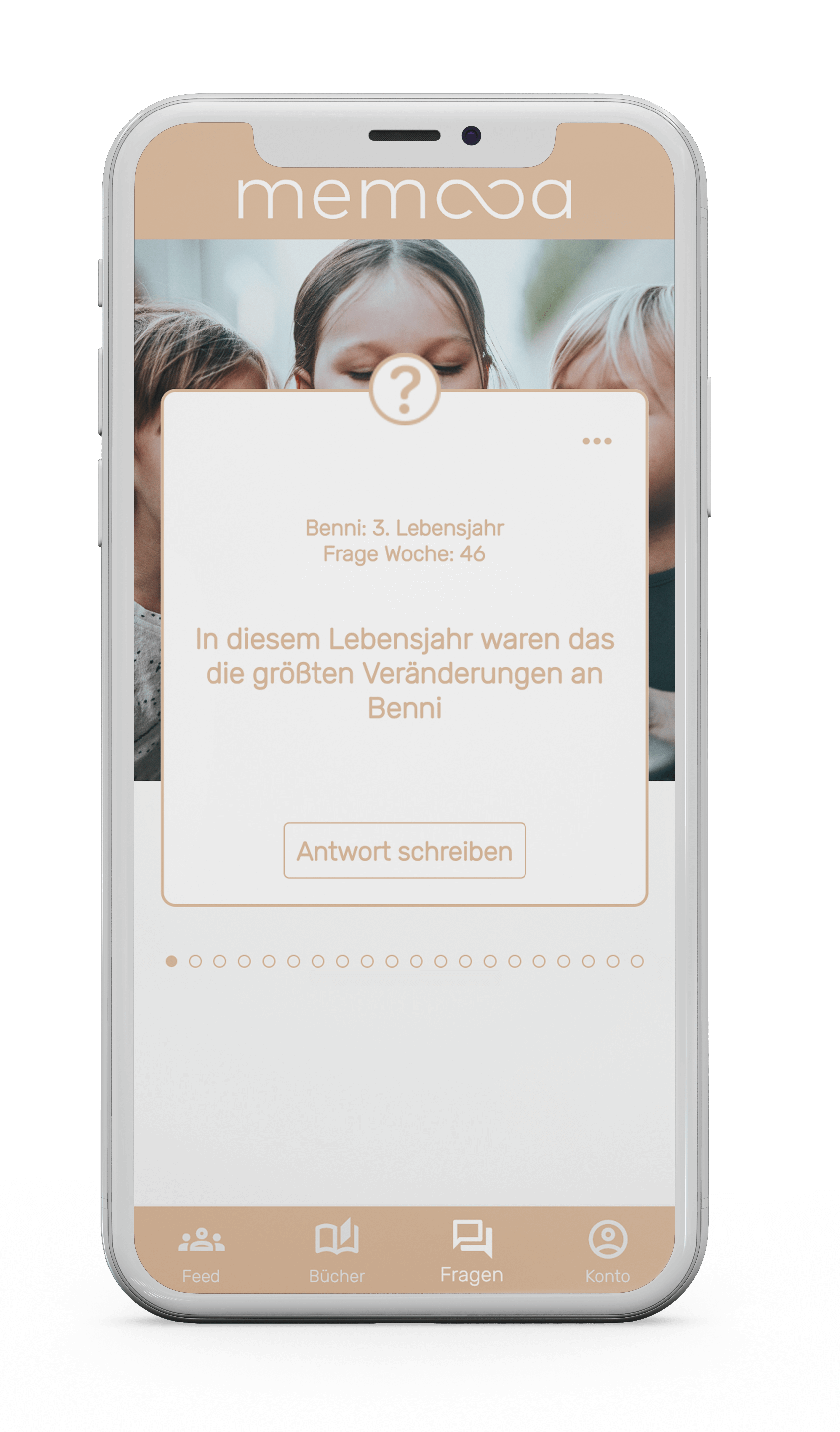 Memoa App Screen abgebildet, Fragen und Antworten.