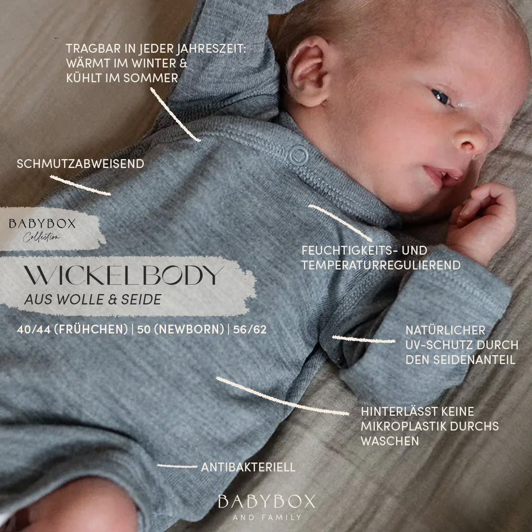 Produktfoto Wickelbody am Kind mit Auflistung Produktvorteile