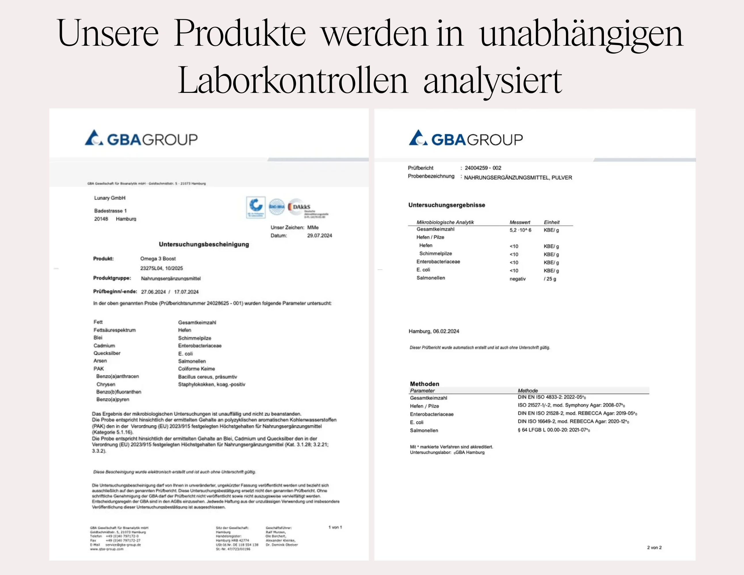 Laboranalyseberichte der GBA Group, die die Produktqualität und Sicherheitsstandards bestätigen, Nahrungsergänzung für Veganerinnen