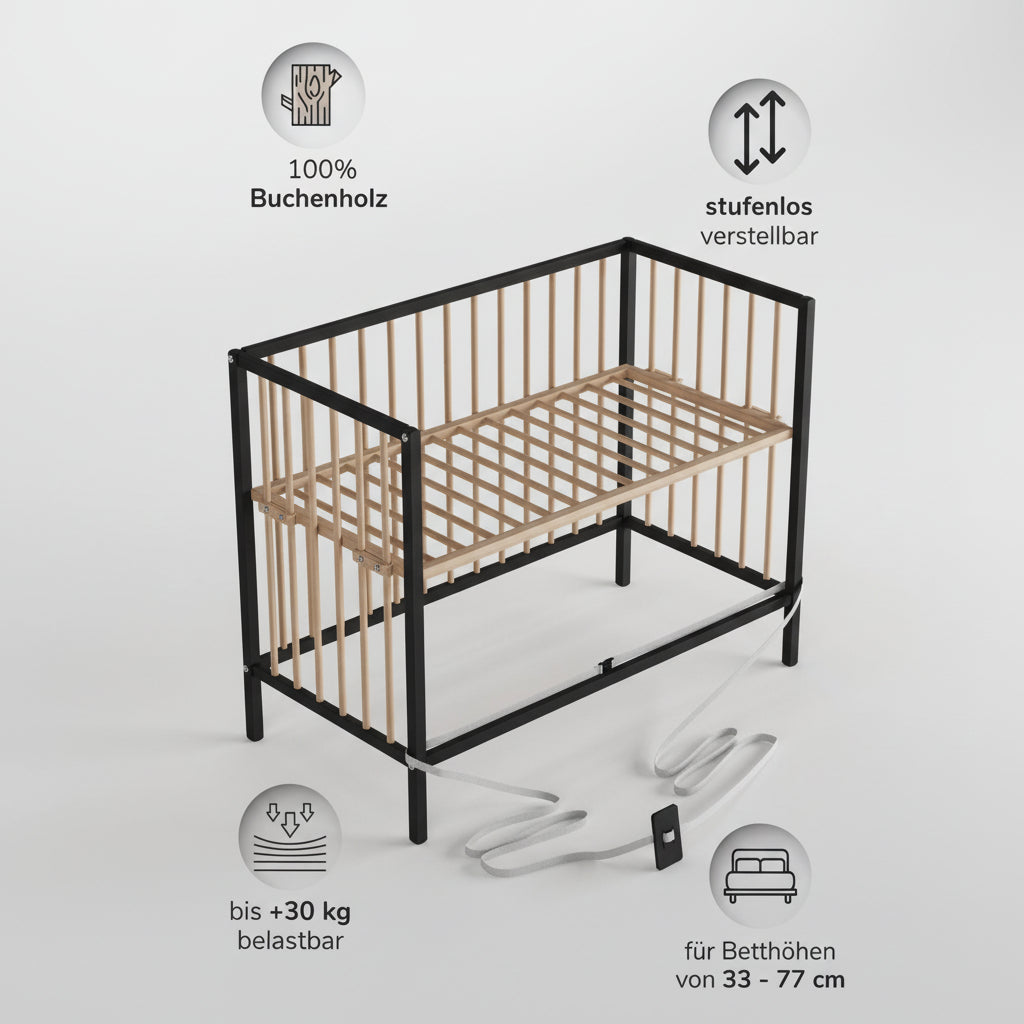 Saemann Beistellbett Schwarz / Natur