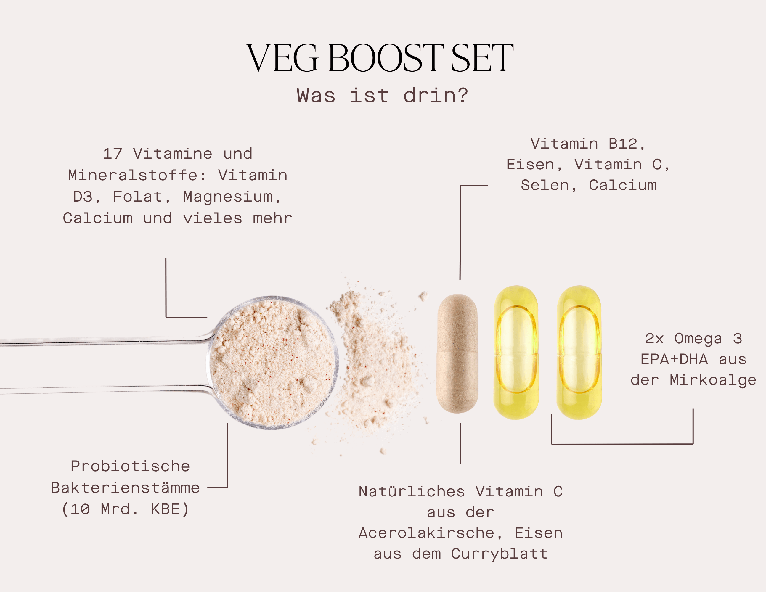 VEG BOOST SET mit wichtigen Vitaminen und Mineralstoffen wie B12, D3, Eisen und Probiotika für die vegane Ernährung, Nahrungsergänzung für Veganerinnen