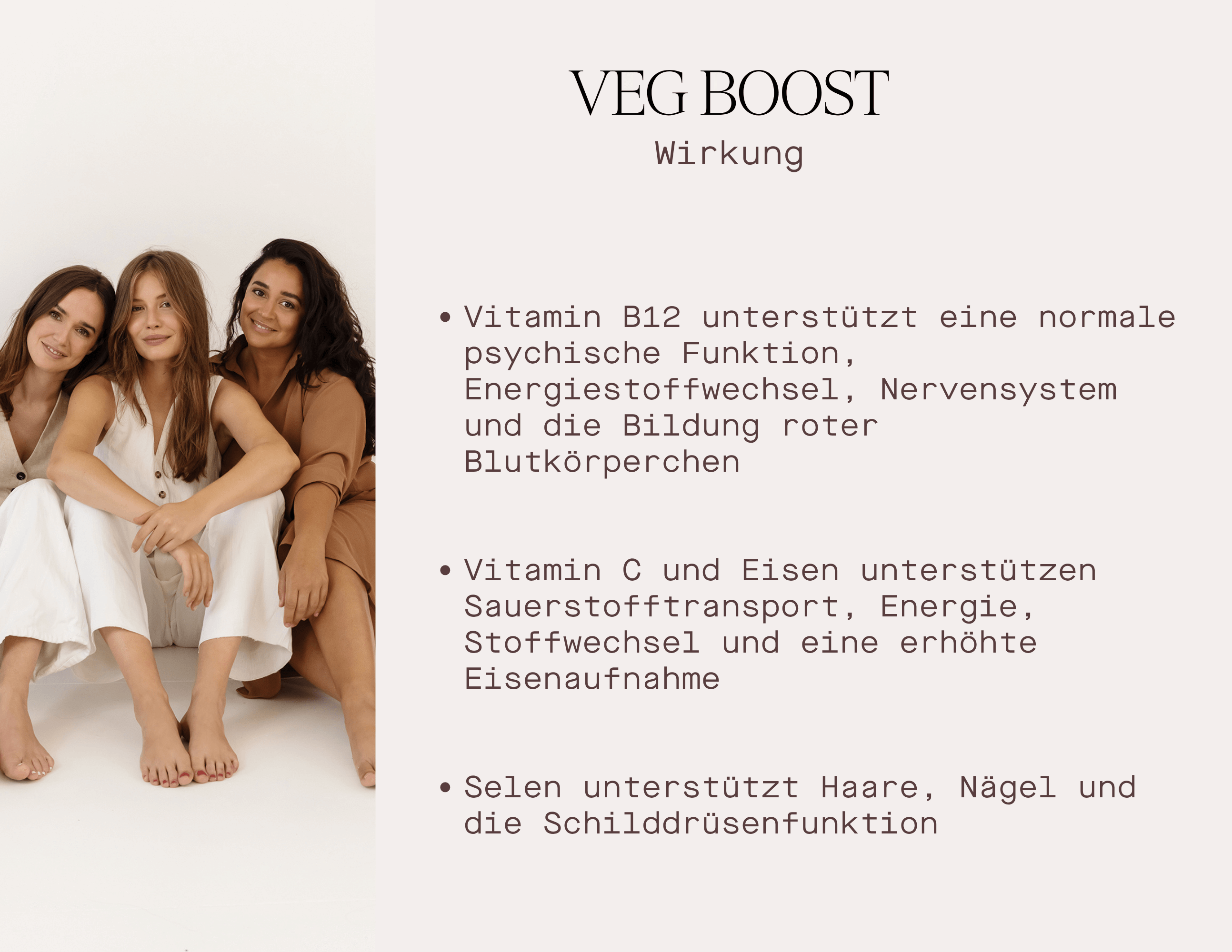 Veg Boost Wirkung: Informationen über die Vorteile von Vitamin B12, C, Eisen und Selen für die Gesundheit von Frauen, Nahrungsergänzung für Veganerinnen