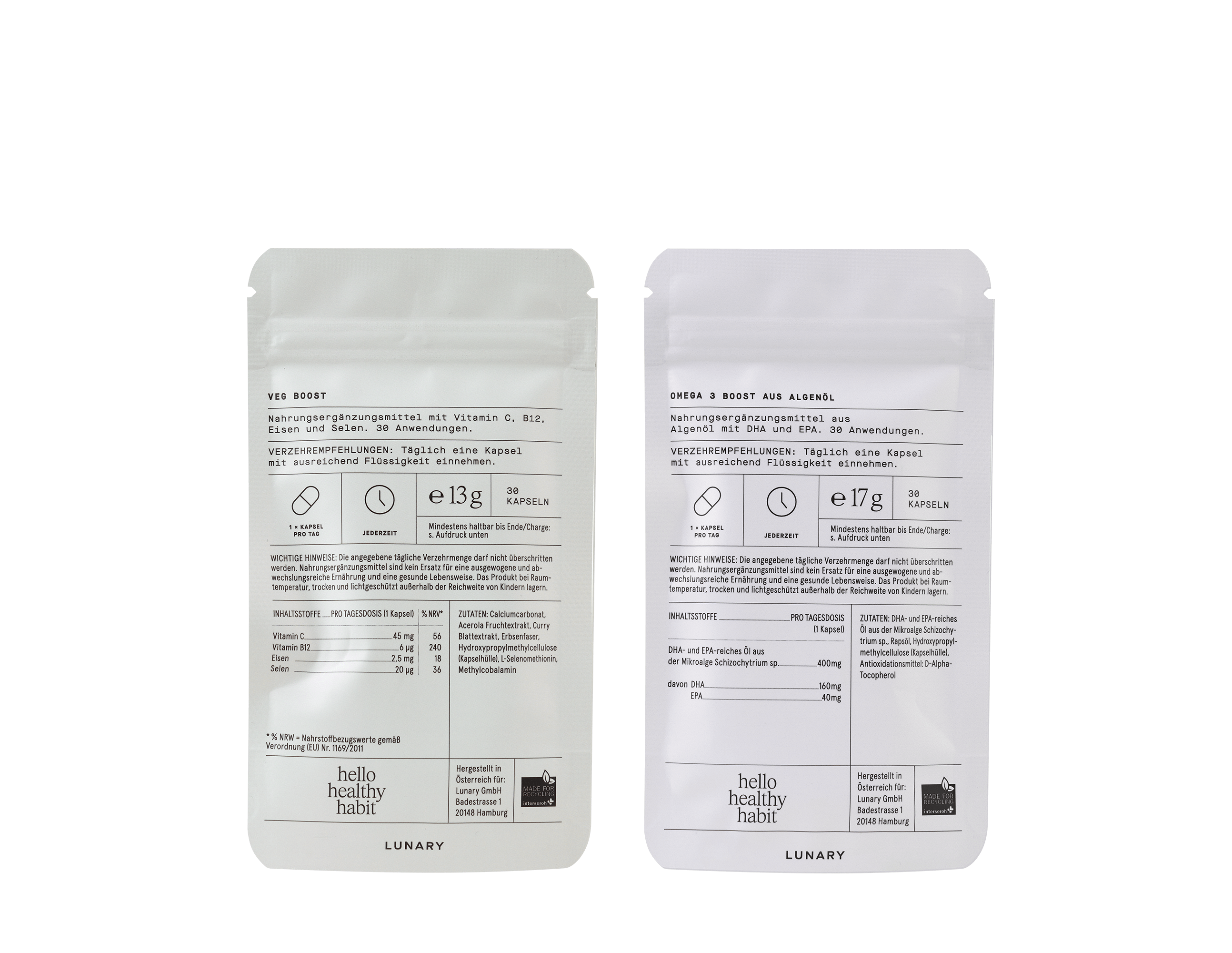 Veg Boost Nahrungsergänzungsmittel von Lunary, speziell für vegane Ernährung, Vorderansicht der Packungen, Nahrungsergänzung für Veganerinnen