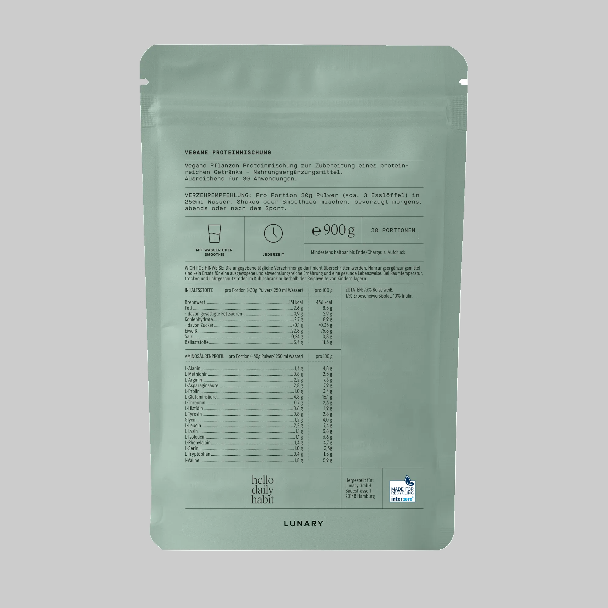 Lunary Veganes Protein Packungsrückseite
