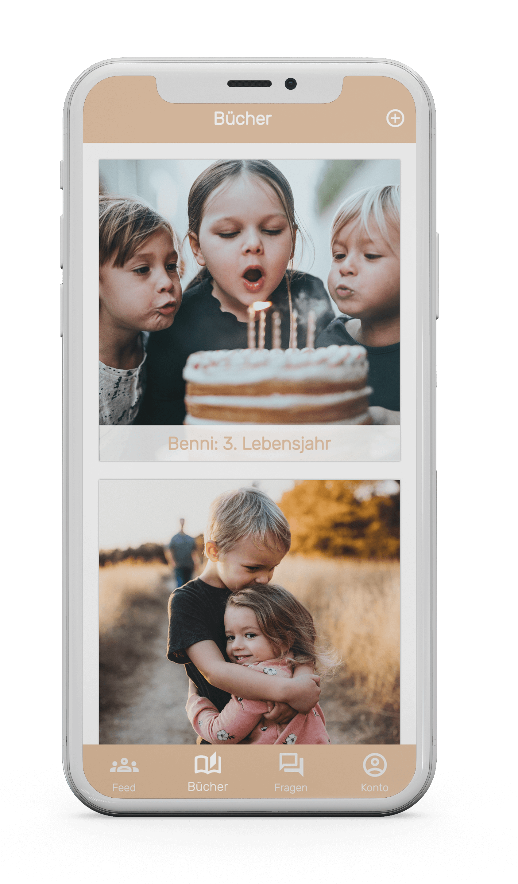 Memoa App Screen abgebildet, mit Kindern, die Geburtstagskerzen ausblasen