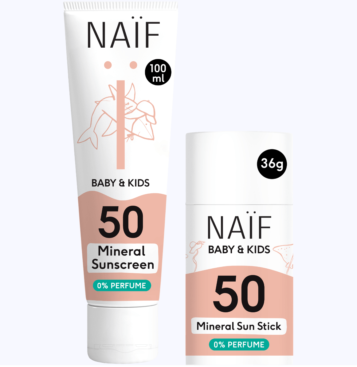 Produktabbildung NAIF mineralische Sonnencreme für Babys und Kinder mit LSF 50 in der Tube und als Stick 