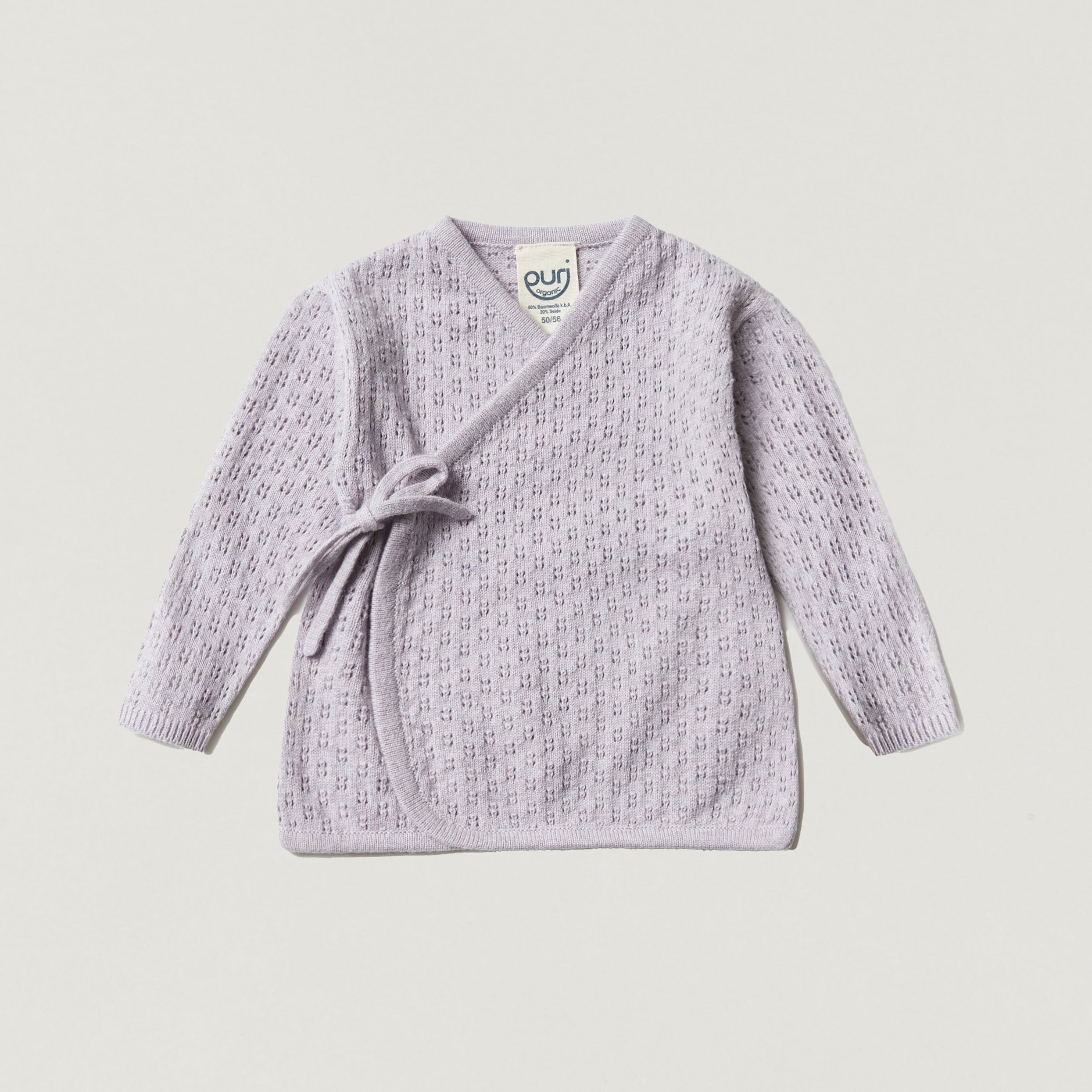 Kimono im Ajourstrick aus Baumwolle und Seide von Puri Organic in lavendel