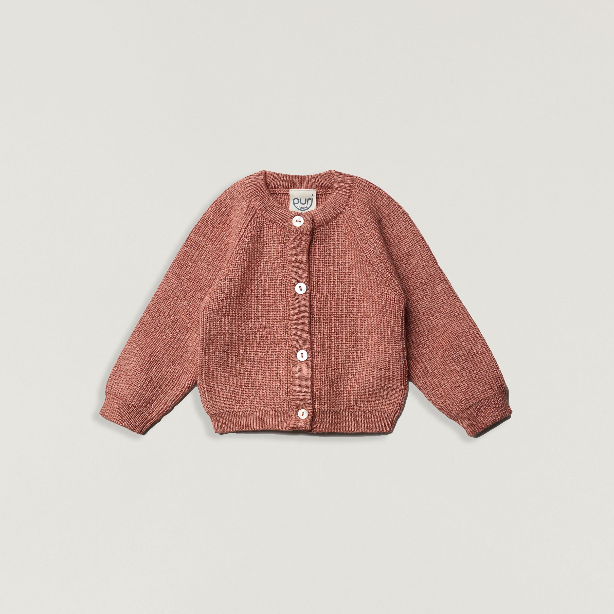 Cardigan mit Perfangstrick aus Wolle von Puri Organics in clay