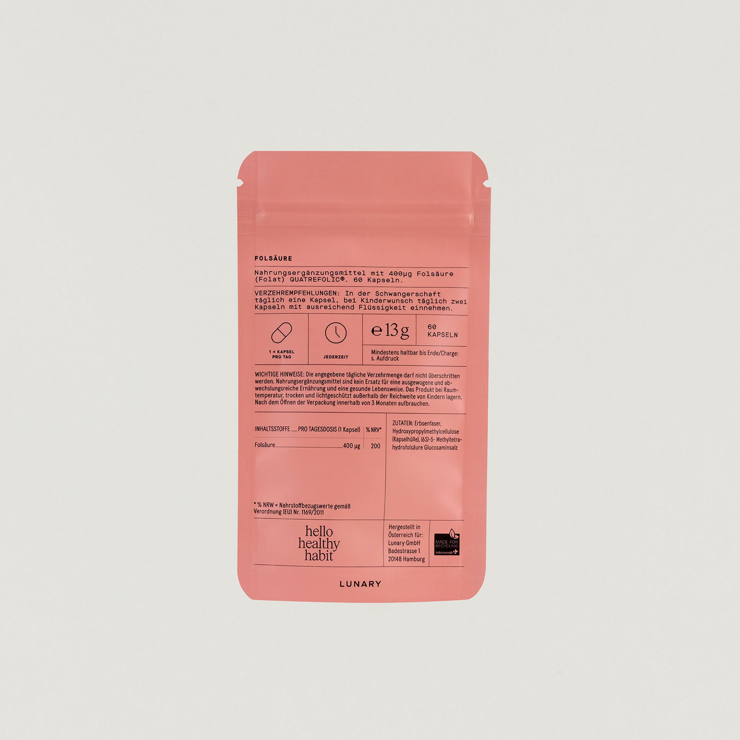 Lunary Folsäure Packung Rückseite